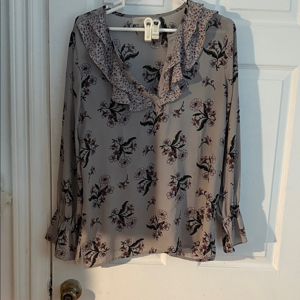 LOFT Floral Blouse with Ruffle Trim - Gray and Pink
